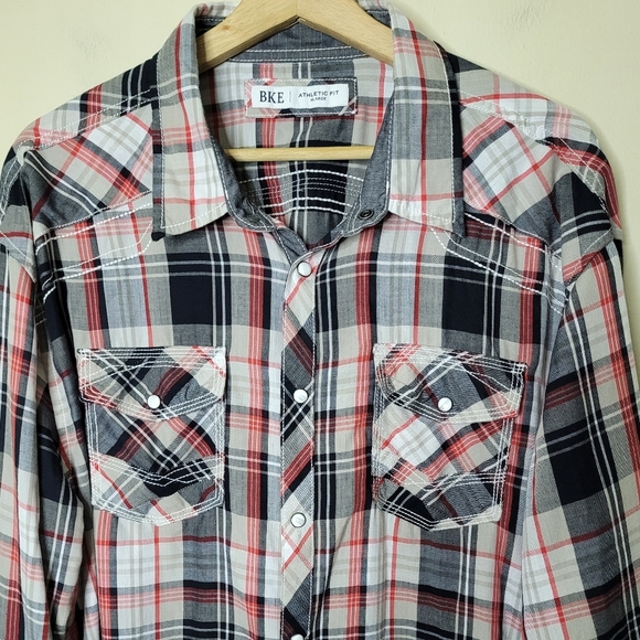 BKE Mens XL Athletic Fit Plaid Pearl Snap Shirt | Western Cowboy - Picture 3 of 9